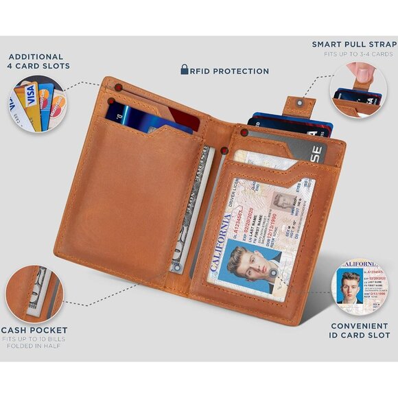 Men Brown Slim leather RFID Blocking Minimalist Card Front Pocket Wallets - Picture 7 of 9